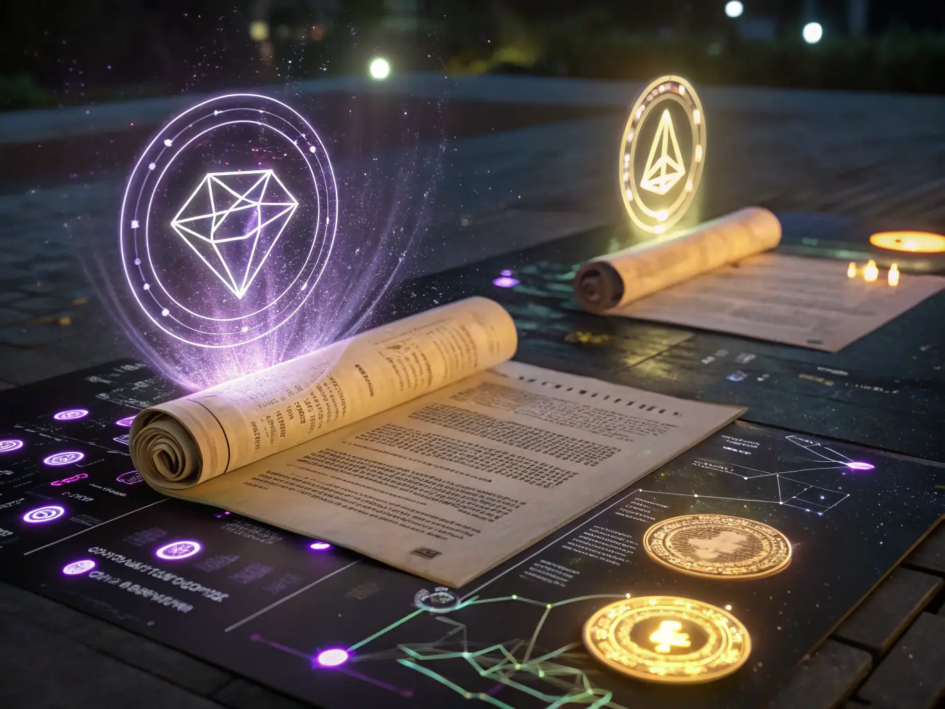 An abstract image representing structured financial products, combining elements of wine, blockchain, and investment charts.