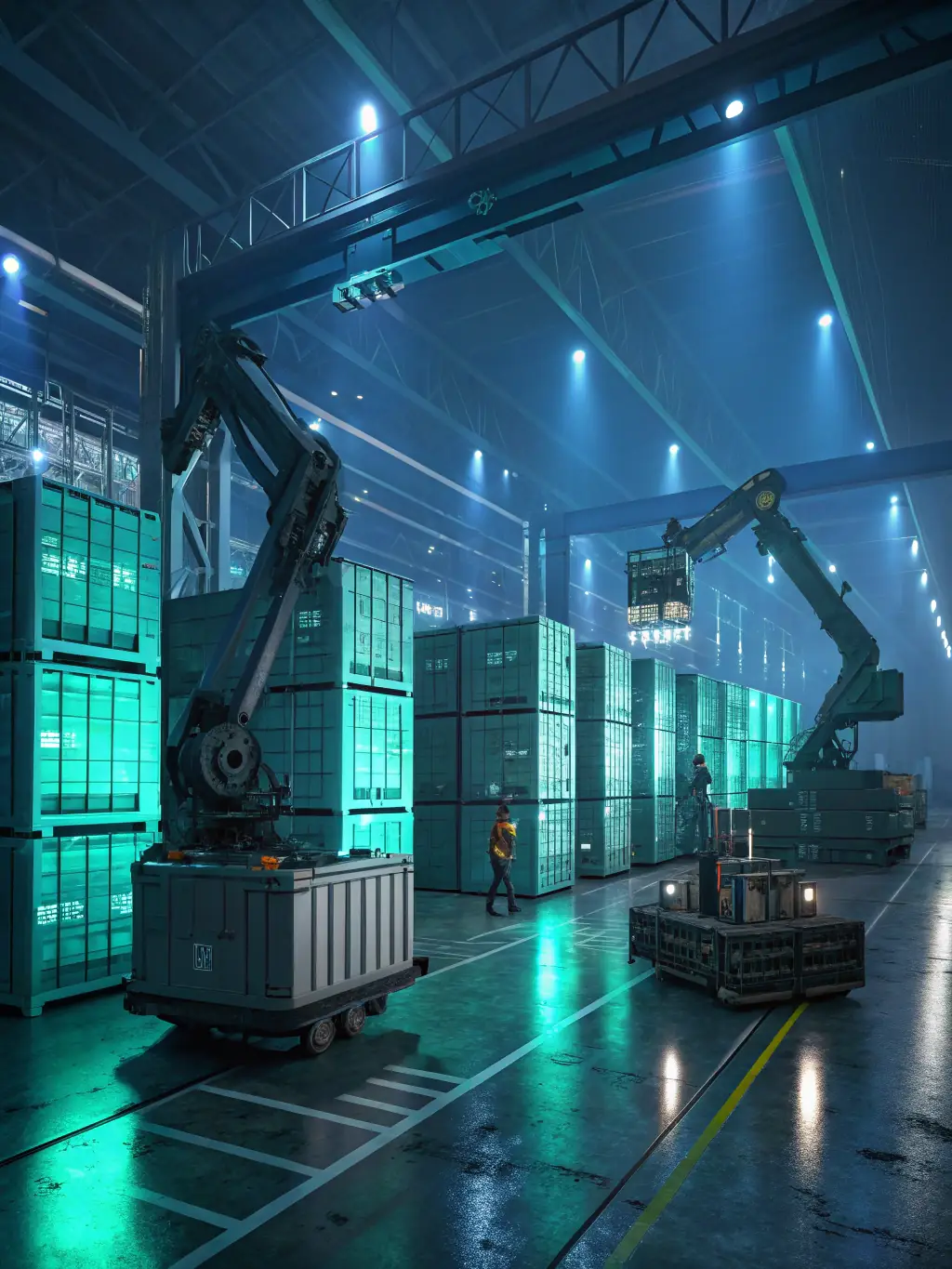 A visually appealing image of a smart warehouse with robots and automated systems, highlighting the efficiency of the smart warehousing network.