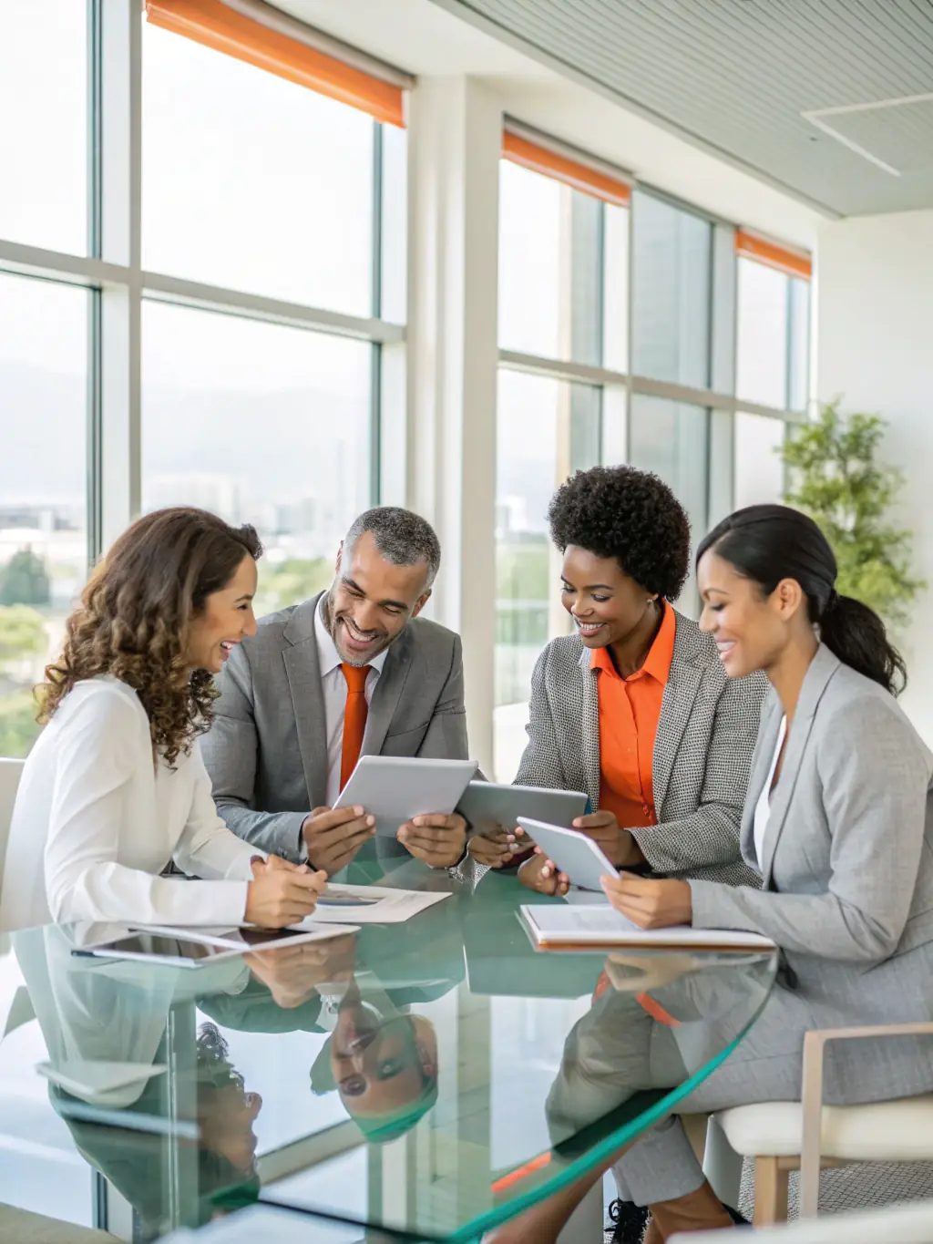 A professional photograph of a diverse group of people collaborating around a table, reviewing financial documents and smiling, symbolizing partnership and shared success in the 珍链创始合伙人计划.