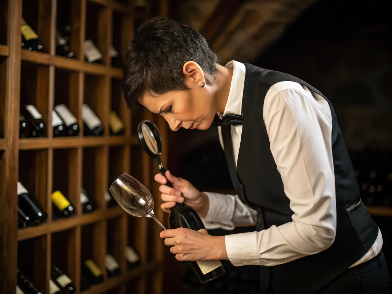 A high-resolution image of a sommelier verifying the authenticity of a rare wine bottle using a blockchain-based authentication system.