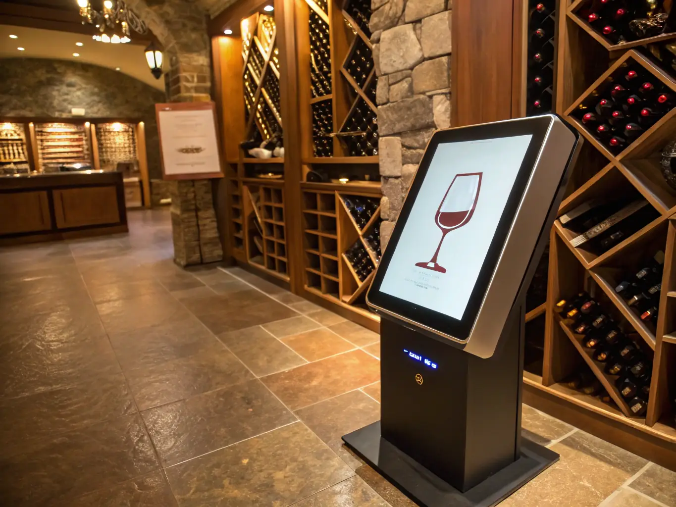 A professional photograph showcasing a sophisticated digital interface displaying wine asset data, with a backdrop of a high-end wine cellar, symbolizing 珍夏数科's digitalization solutions.