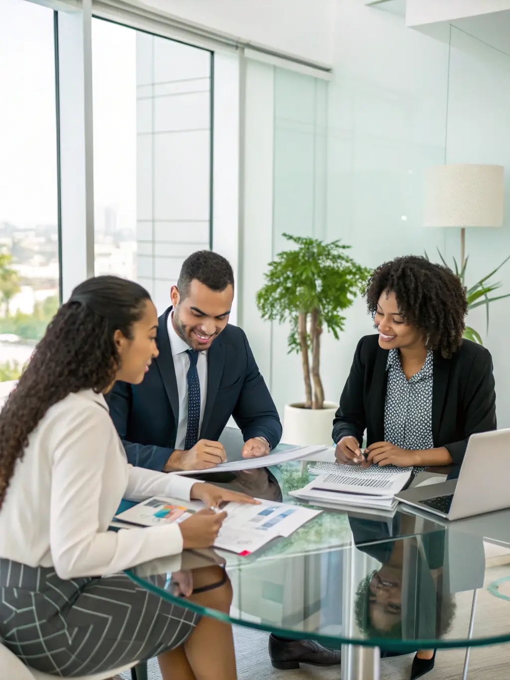 A professional image showcasing a diverse group of people collaborating around a table, reviewing financial documents related to wine asset investments.