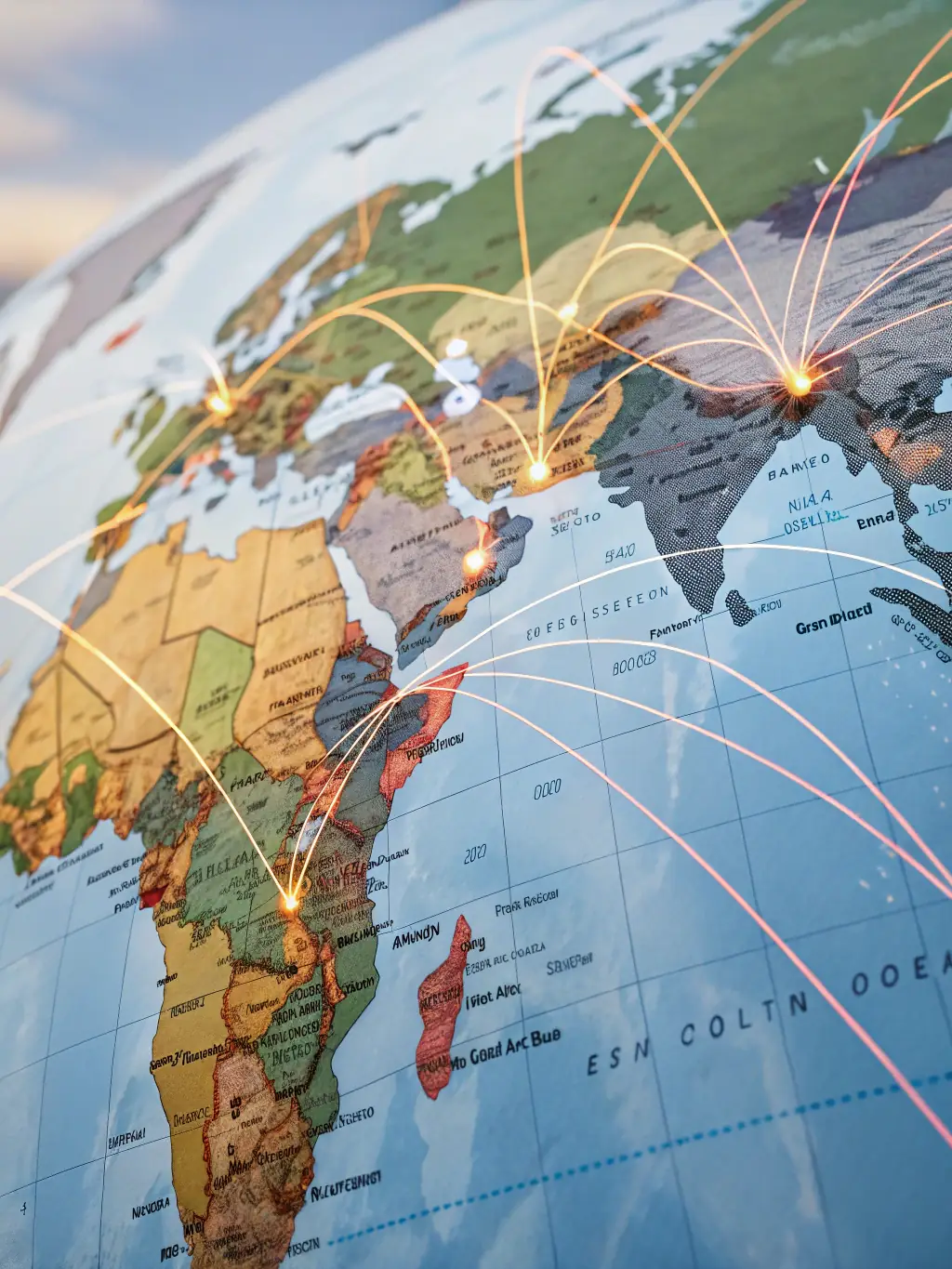 An image of a world map with interconnected nodes representing a global network, highlighting the international reach of the 珍链创始合伙人计划.