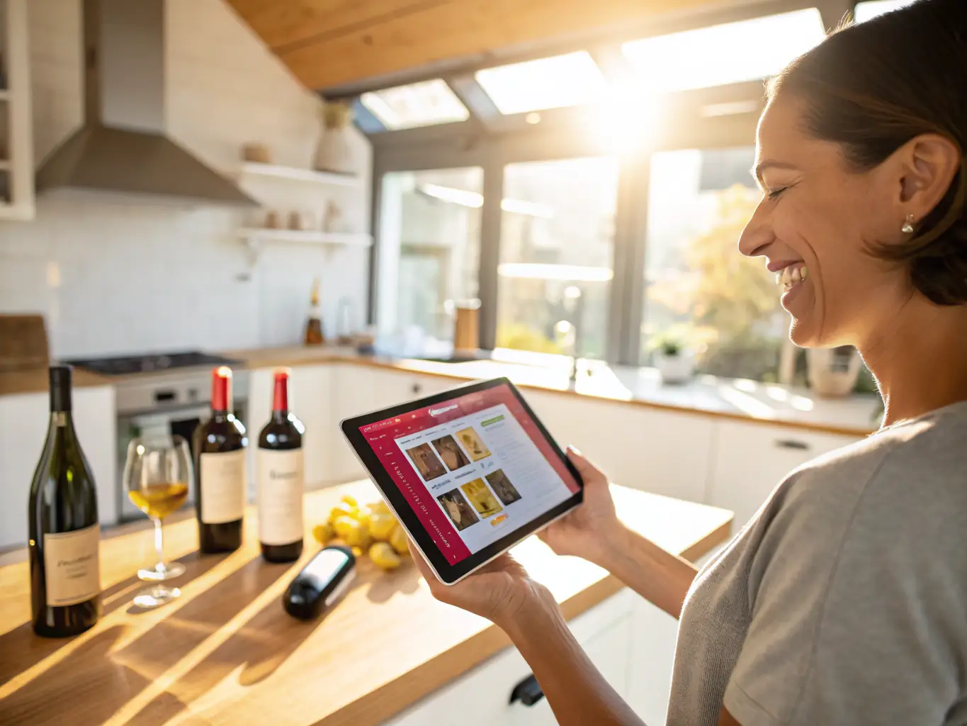A photograph showcasing a person purchasing a bottle of wine at a modern, upscale wine shop, with digital displays highlighting the associated digital assets and rewards. The scene emphasizes the integration of physical and digital experiences.