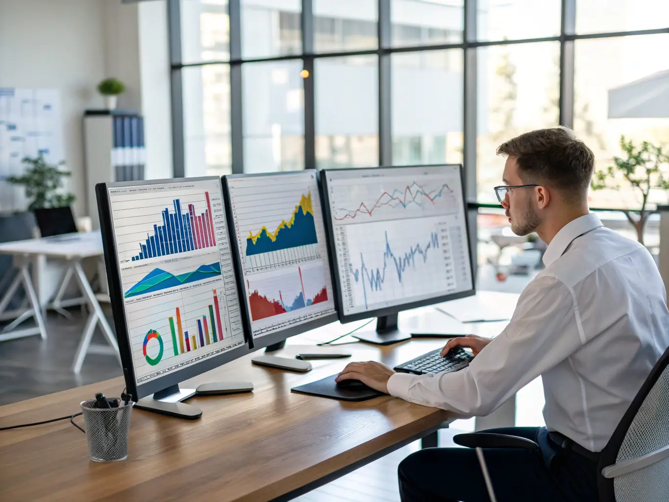 A professional photograph showcasing a modern office environment with data visualizations related to supply chain management, representing 珍夏数科's focus on industry digitization solutions.