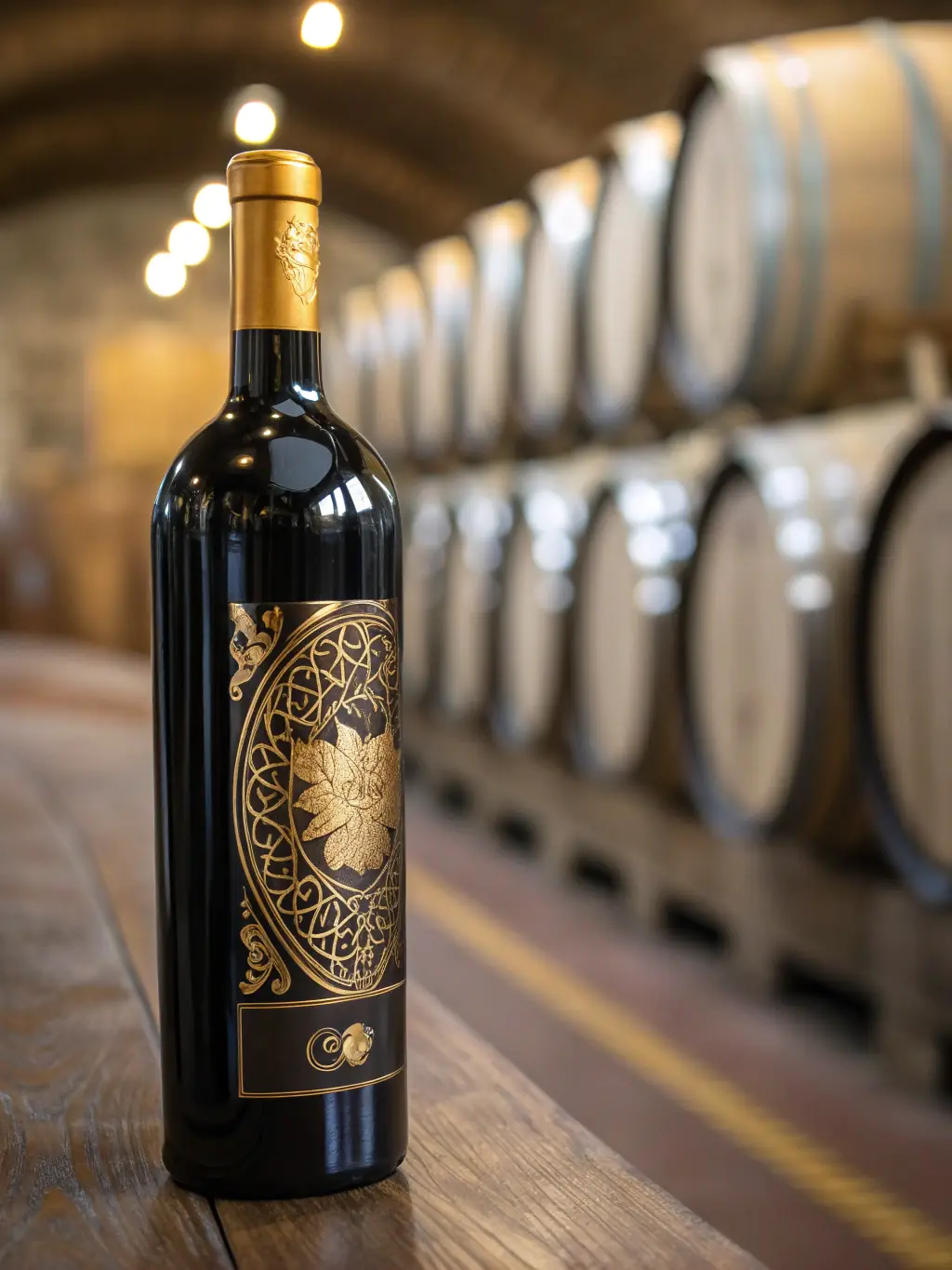 A close-up shot of a bottle of fine wine with a blockchain graphic overlayed, symbolizing the integration of wine assets with digital finance.