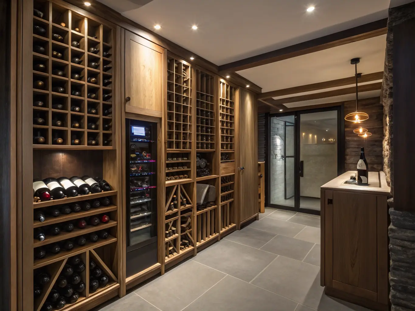 A photograph of a sophisticated wine cellar with bottles neatly arranged, subtly overlaid with a digital blockchain pattern to represent the fusion of traditional wine assets and modern technology.