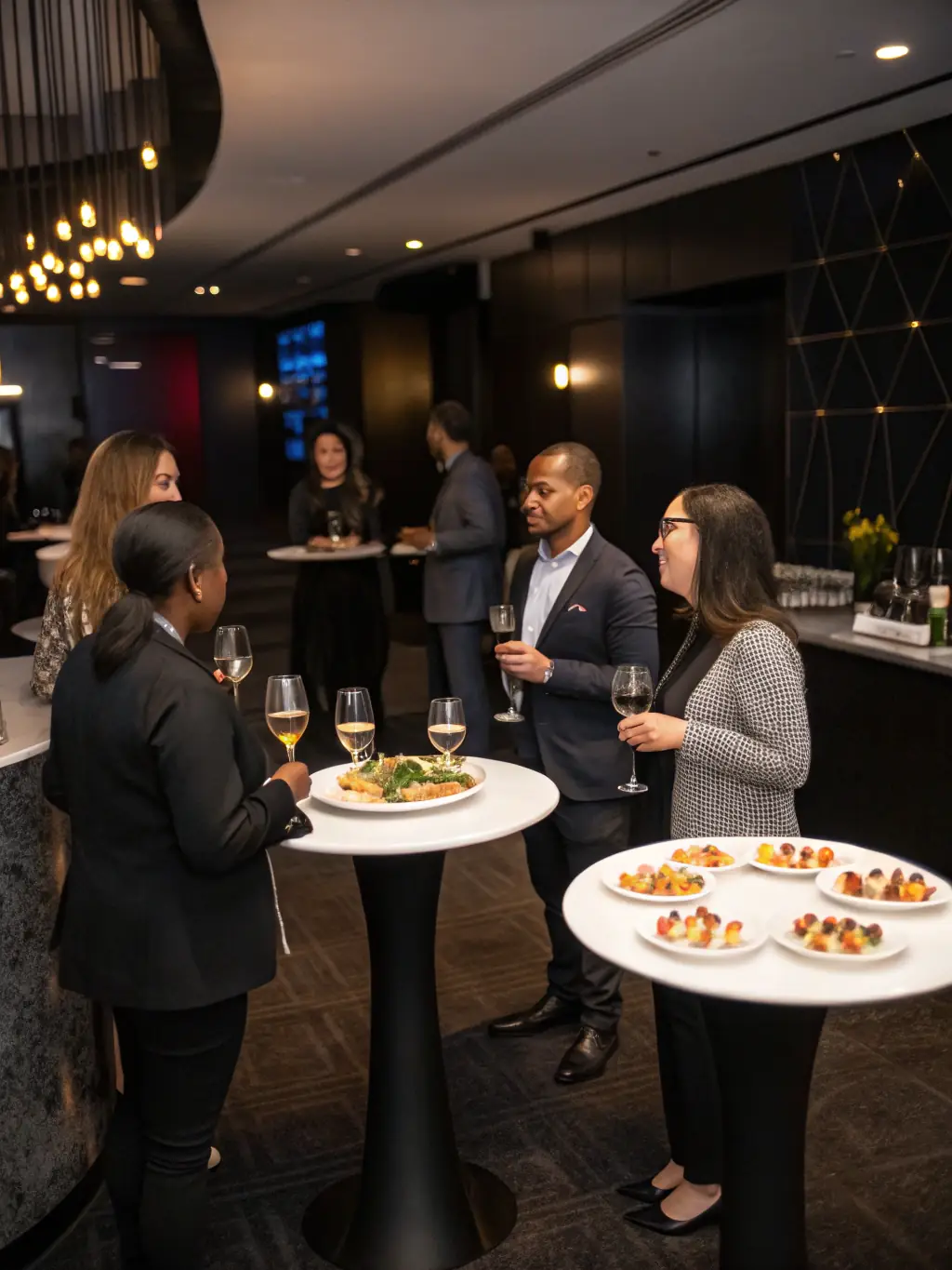 A diverse group of people, some holding wine glasses, others using tablets, all interacting and smiling, representing the company's extensive and engaged customer base.