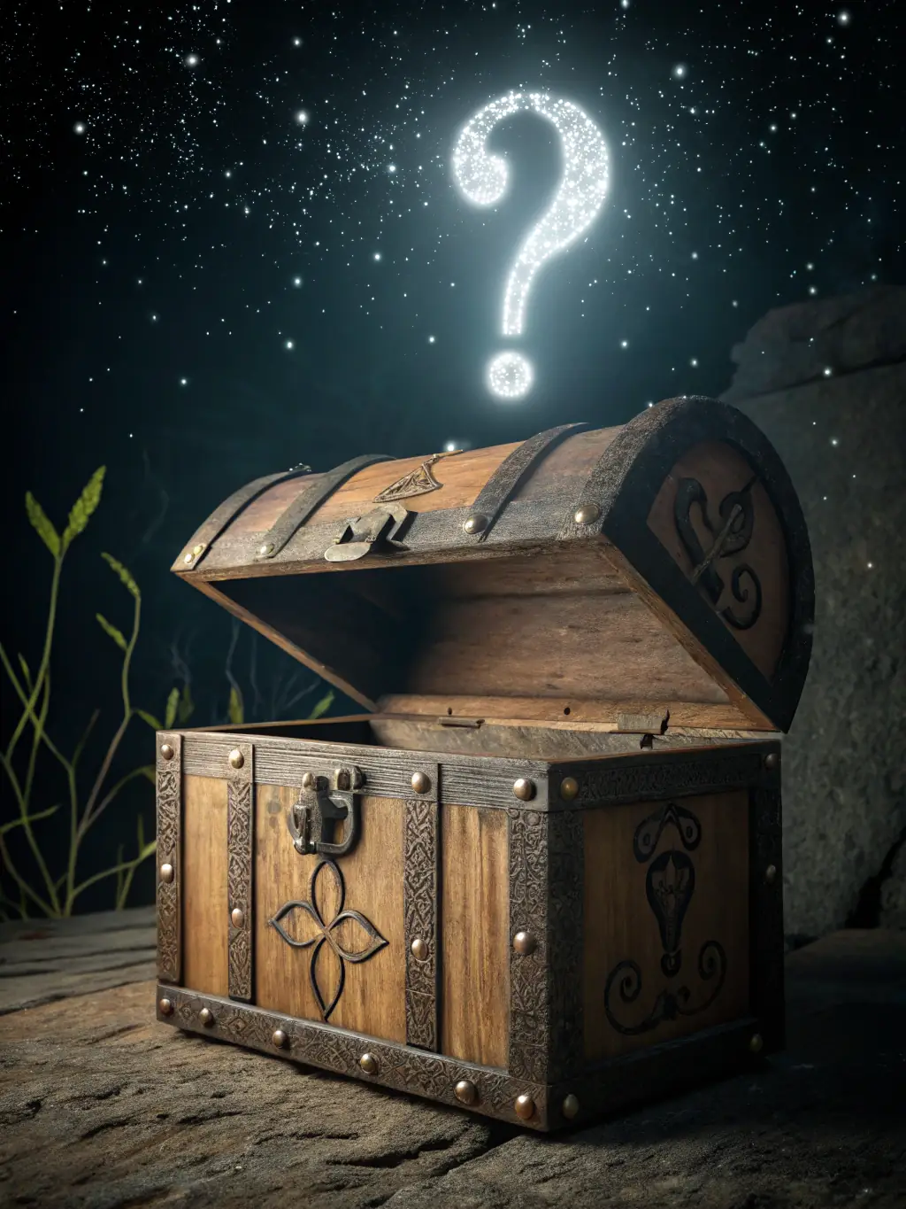 A digital illustration of a treasure chest overflowing with RWA tokens, representing the cornerstone round of token financing for TRÉSOR. The chest should be set against a backdrop of blockchain nodes.