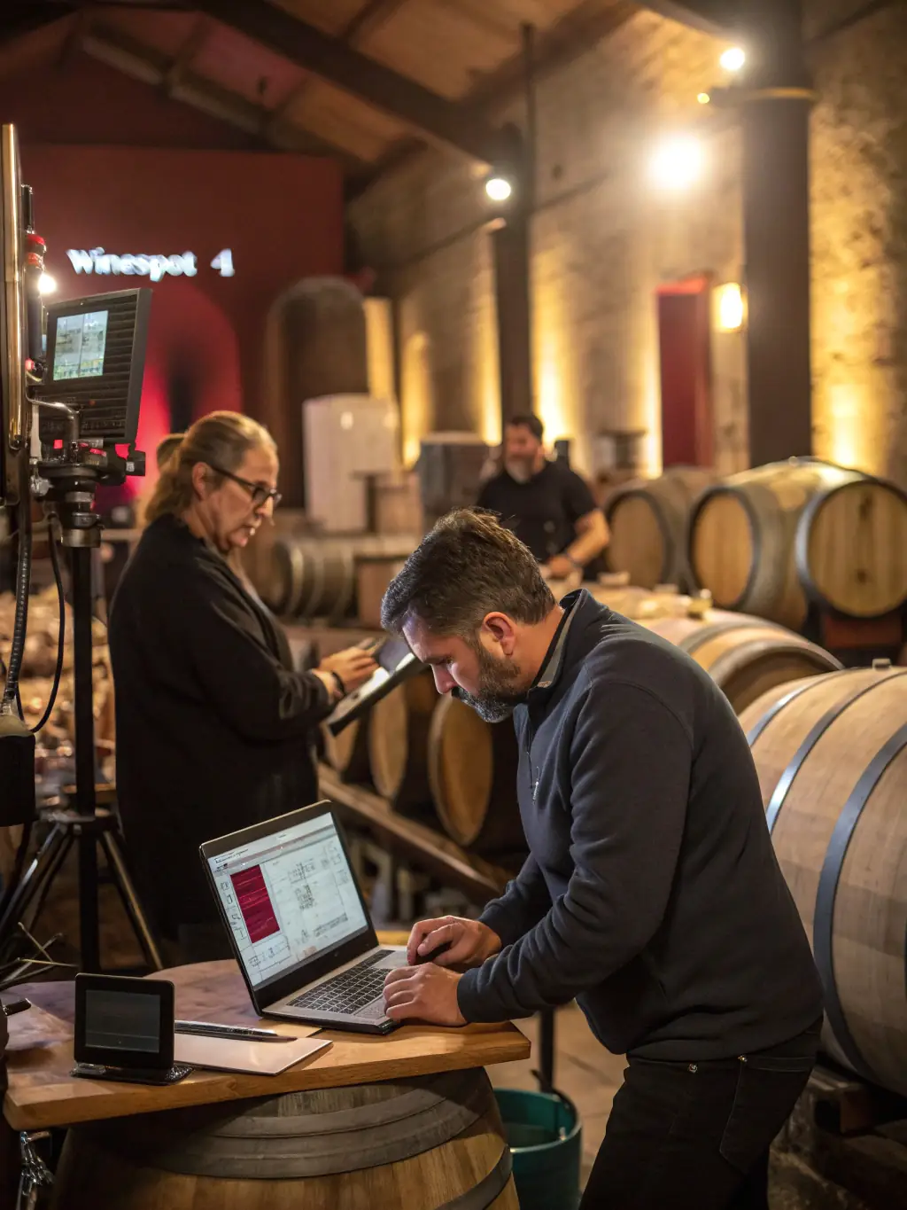 A detailed image of a modern, automated wine production line with sensors and data displays, showcasing the intelligent production system for wine traceability.