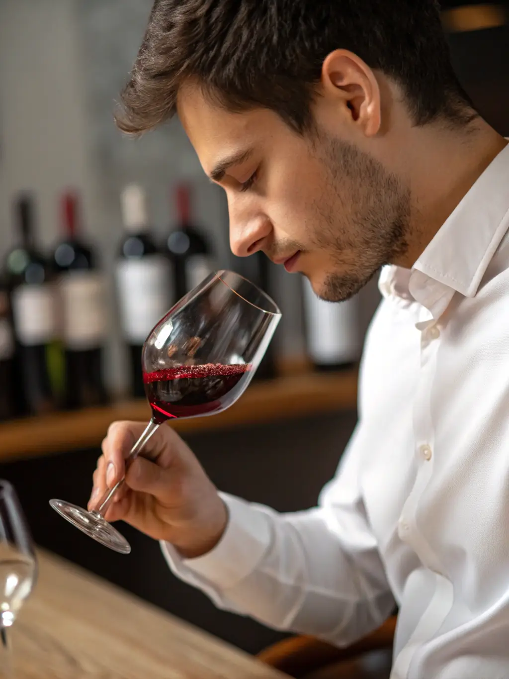 A high-quality photograph of a sommelier carefully examining a bottle of wine, with a subtle overlay of digital data, representing the blend of tradition and technology.