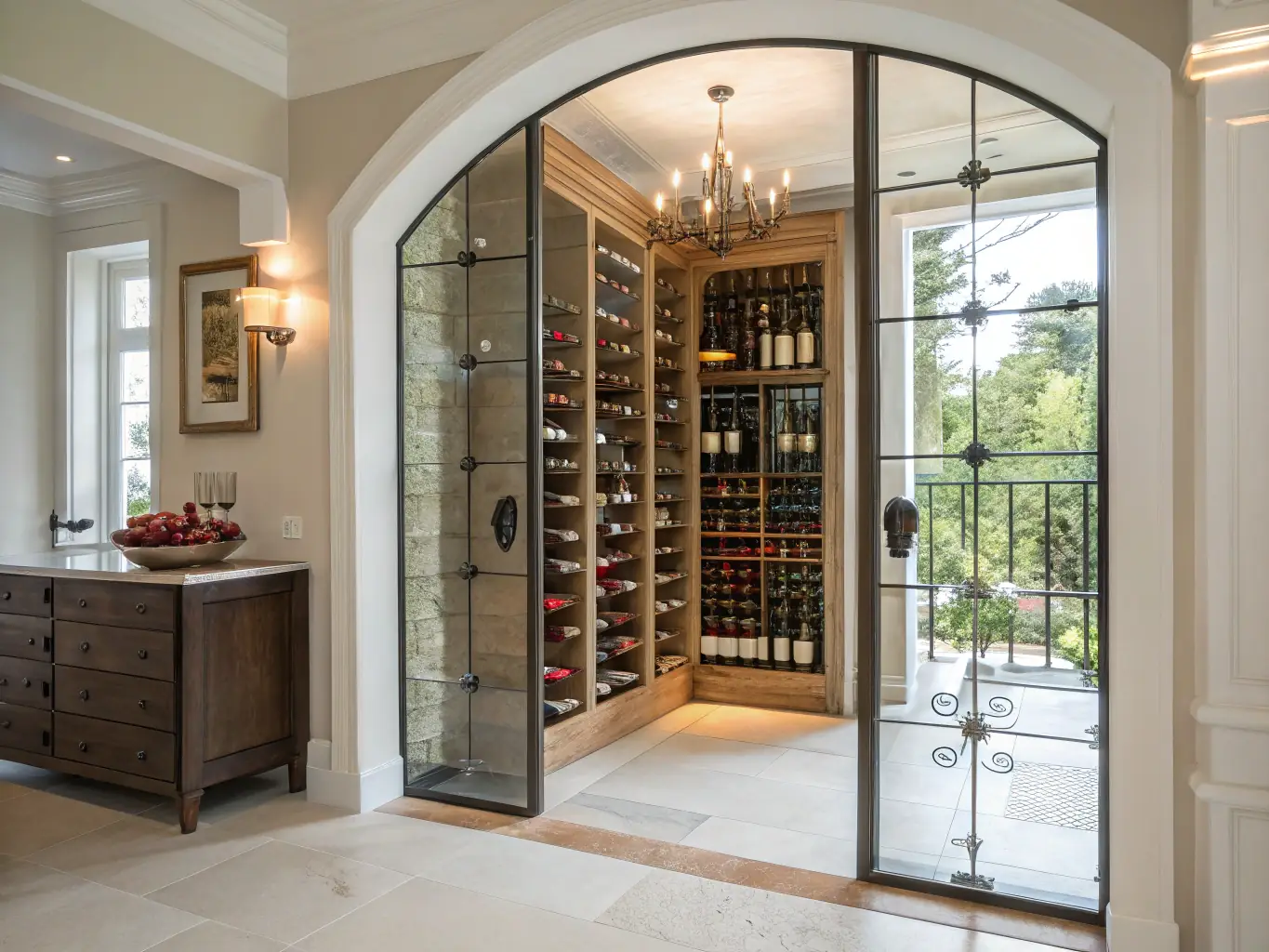 A high-quality photograph showcasing a sophisticated wine cellar with digital displays integrated into the shelves, visualizing the blend of traditional wine storage and modern digital asset management.