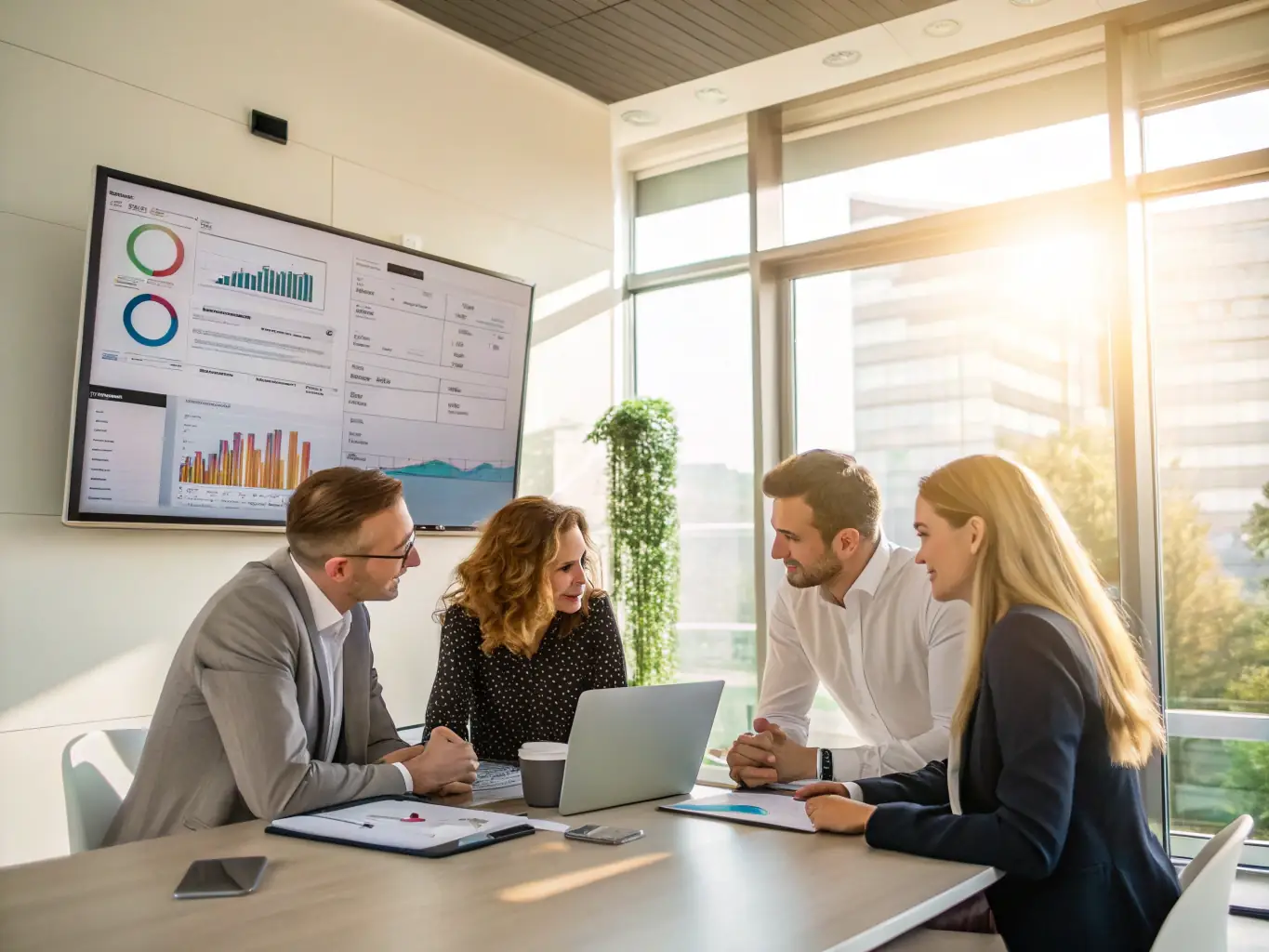A professional image depicting a diverse group of people collaborating around a table, reviewing wine asset data on a large interactive screen, symbolizing partnership and shared growth.