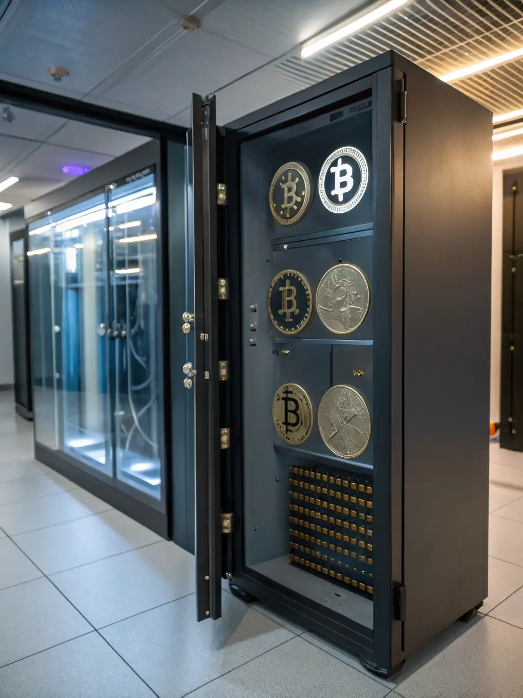 A sophisticated image of a secure digital vault containing wine assets, emphasizing the security and transparency of blockchain technology.