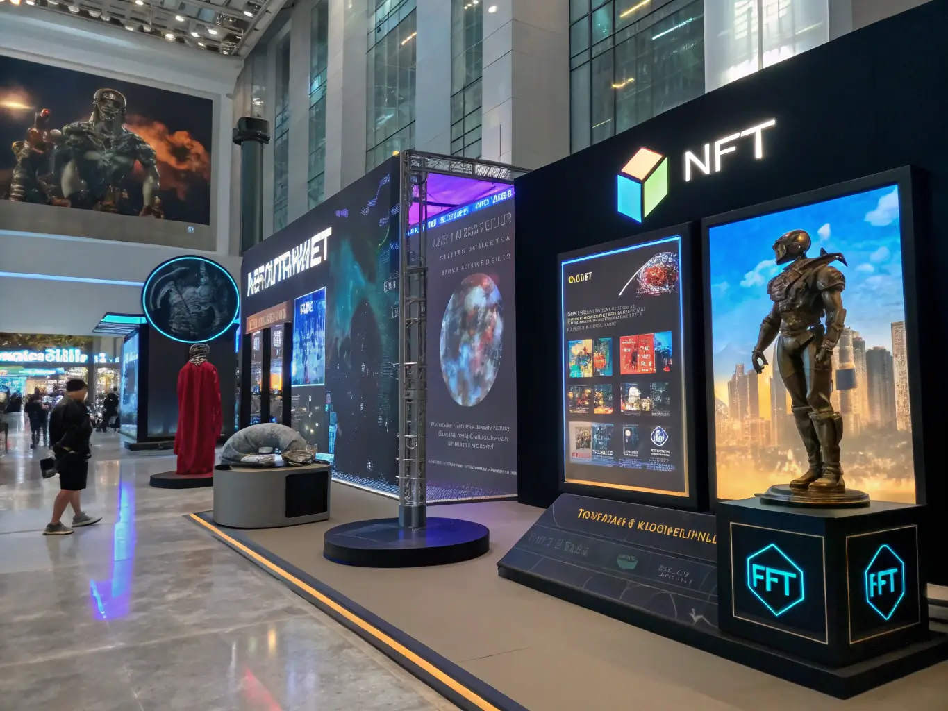 An artistic rendering of a digital marketplace interface, displaying various wine-related NFTs, 收益权通证, and other digital assets being traded. The image should convey a sense of dynamism and opportunity.