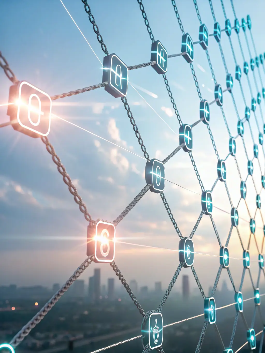 An abstract representation of a blockchain network with interconnected nodes, symbolizing the decentralized financial infrastructure supporting wine asset transactions.